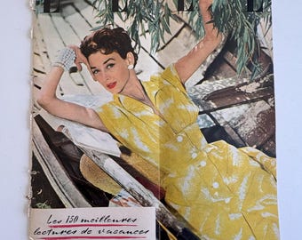 Revista francesa ELLE vintage, 1954, ilustraciones de moda, papel collage, PÁGINAS DESPRENDIDAS