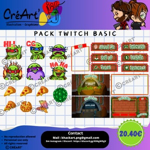 May include: A set of digital assets for Twitch streamers featuring Teenage Mutant Ninja Turtles characters. The set includes animated emotes, a starting soon screen, an offline screen, and various buttons for social media, donations, and more. The set is priced at 20.40 euros.