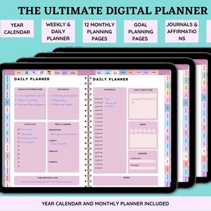 May include: A digital planner app on a tablet screen. The app has a pink and white color scheme and includes sections for daily affirmations, top goals, to-do lists, meal planning, a daily schedule, daily gratitude, mood tracking, and exercise. The app also includes a year calendar and monthly planner. The text on the screen reads "The Ultimate Digital Planner", "Year Calendar", "Weekly & Daily Planner", "12 Monthly Planning Pages", "Goal Planning Pages", "Journals & Affirmations", "Note Taking Pages", "68 Pages Fully Hyperlinked for Easy Navigation", "Daily Planner", "Today's Affirmations", "Top Goals", "To Do List", "Meal Planner", "Breakfast", "Lunch", "Snacks", "Dinner", "I am grateful for", "Daily Gratitude", "Mood", "Exercise", "Total Minutes", "Total Hours", "Notes", "Year Calendar and Monthly Planner Included".