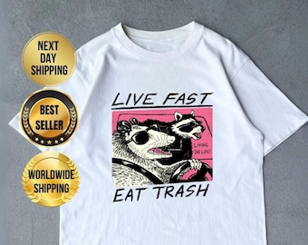 Chemise poubelle Live Fast Eat, chemise raton laveur, chemise sarcastique, chemise meme, sweat-shirt raton laveur drôle, chemise amoureux des animaux, sweat-shirt animal drôle