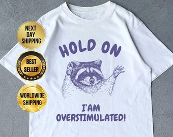 Hold On I'm Overstimulated T-Shirt, Retro Unisex Adult T Shirt, Funny Raccoon Shirt, Meme T Shirt, Relaxed Cotton Shirt,Funny Friends Gifts