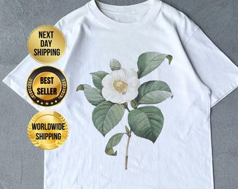 Vintage Flower White Camellia Tshirt, Vintage 90s Tattoo Flower Tshirt, Botanical T shirt, Boho Style Wildflower, Floral Cottagecore Shirt