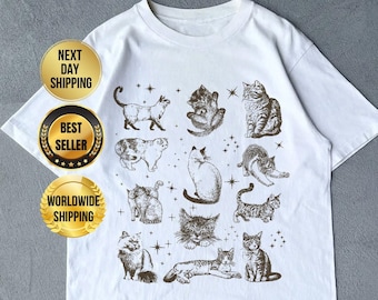 Vintage 90er Jahre Tattoo Katze Tshirt, Retro Kätzchen Natur Shirt, Katzenliebhaber Geschenk, Katzen im Weltraum Unisex entspanntes Erwachsenen Grafik T-Shirt, lustige Geschenke
