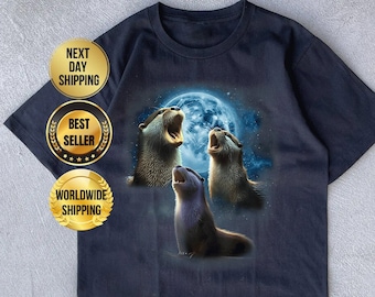 Drie Otters Vintage Grafische T-shirts, Retro Otter Moon Tshirt, Otter Lovers, Funny Graphic Tee, Oversized Washed Tee, Weird T Shirts