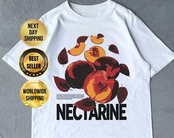 Retro-stijl vintage unisex T-shirt - Nectarine grafisch T-shirt - cadeau voor mannen en vrouwen - streetwear - katoen - vegetarisch shirt - fruitliefhebber