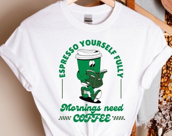 Espresso Yourself Full Graphic Tee Unisex Koffein Cooles T-Shirt Einzigartiges Geschenk für Kaffeeliebhaber Spaß Retro Green Cartoon Becher