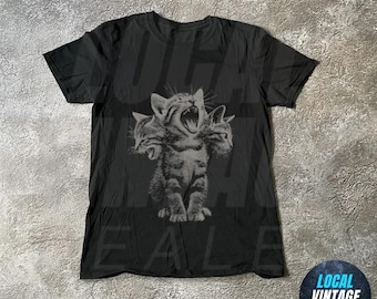Three-Headed Black Cat Shirt, Vintage Halftone Black Cat Shirt, Gothic Tee, Funny Cat Lover Gift