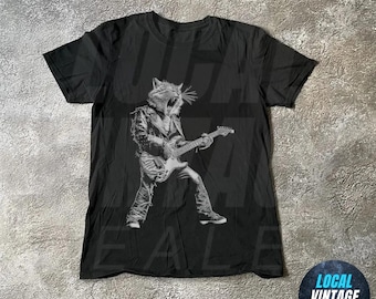Camiseta de gato rockero, divertida camiseta de gato con guitarra, camiseta de gato Y2K, linda camiseta de gatito minimalista de semitono, camiseta de meme de gato tonto, genial camiseta de gato DJ