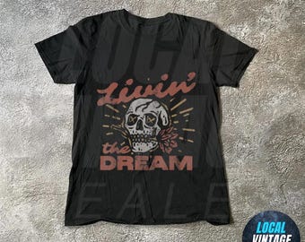 Maglietta Livin' the Dream, maglietta vintage con teschio consumato, maglietta oversize retrò grunge, maglietta grafica trendy grunge indie boho