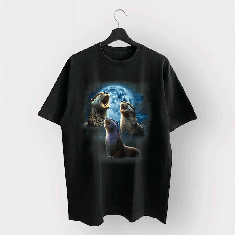 Drei Otter Vintage Grafik T-Shirts, Retro Otter Mond T-Shirt, Otter Liebhaber, lustiges grafisches T-Shirt, übergroßes gewaschenes T-Shirt, seltsame T-Shirts Bild 2