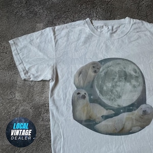 赤ちゃんアザラシのビンテージグラフィックTシャツ3枚、レトロなシードッグムーンTシャツ、アザラシ愛好家、かわいいシードッグTシャツ、ゆったりとしたウォッシュ加工の大人用Tシャツ、楽しいギフト