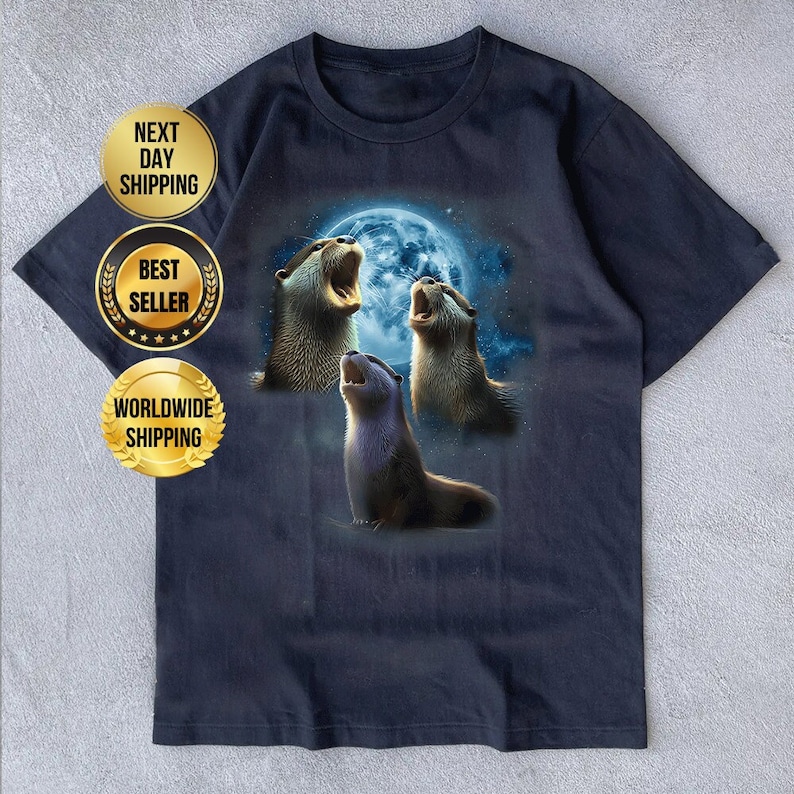 Drei Otter Vintage Grafik T-Shirts, Retro Otter Mond T-Shirt, Otter Liebhaber, lustiges grafisches T-Shirt, übergroßes gewaschenes T-Shirt, seltsame T-Shirts Bild 1
