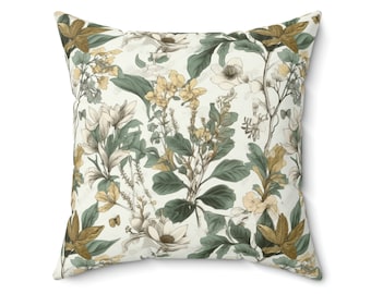 Botanical Floral Vintage Spun Polyester Square Pillow, Flower and Plant Pillow, Living Room and Bedroom Decor, Family Room decor
