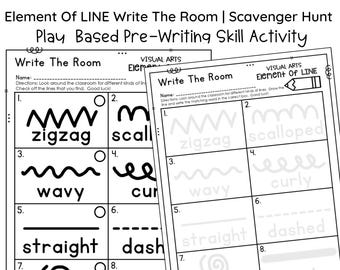 Könnte beinhalten: Schwarzweißes druckbares Arbeitsblatt mit dem Titel "Write The Room" und Anweisungen, sich im Klassenzimmer nach verschiedenen Arten von Linien umzusehen. Das Arbeitsblatt enthält acht verschiedene Linientypen mit Kontrollkästchen und Beschriftungen: Zickzack, gewellt, wellig, gekräuselt, gerade, gestrichelt, Kreis und Linie.