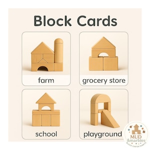 Könnte beinhalten: Holzblockkarten mit Darstellungen eines Bauernhofs, eines Lebensmittelgeschäfts, einer Schule und eines Spielplatzes. Der Text "Block Cards" steht oben. Die hellbraunen Blöcke sind so angeordnet, dass sie die Strukturen darstellen.