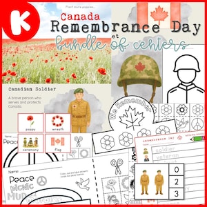 Può includere: Un pacchetto educativo colorato per il Giorno della Memoria canadese. Include illustrazioni di papaveri, un soldato, un elmetto e una foglia d'acero. Il testo include "Canada Remembrance Day" e "We Remember".