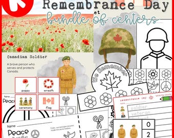 May include: A colorful educational bundle for Canada Remembrance Day. Includes illustrations of poppies, a soldier, a helmet, and a maple leaf. The text includes "Canada Remembrance Day" and "We Remember".