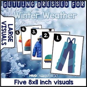 Puede incluir: Un conjunto de cinco visuales de 20 x 28 cm para el clima invernal. Los visuales incluyen ilustraciones de prendas de vestir de invierno: overoles, botas, una chaqueta azul, un gorro de punto y un gorro rojo y amarillo. El texto en la parte superior dice "Getting Dressed for Winter Weather."