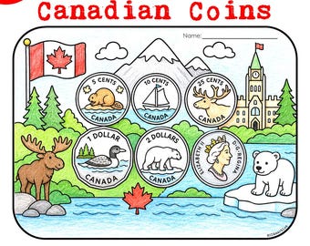 Actividades con monedas canadienses para preescolar / Hojas de trabajo sobre dinero canadiense / Centros de matemáticas para recortar y pegar / Monedas canadienses en formato PDF imprimible