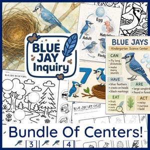 May include: A collection of educational materials featuring blue jays. Includes illustrations of the bird, its life cycle, and a coloring page. The title "Blue Jay Inquiry" is displayed prominently, along with the text "Bundle Of Centers!"