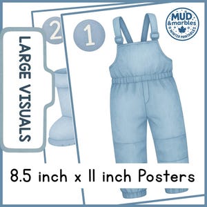 May include: Light blue overalls with suspenders and a matching pair of boots are featured in this image. The text "LARGE VISUALS" and "8.5 inch x 11 inch Posters" are also visible. A circular logo with the text "MUD & marbles WINTER PRINTABLES" is in the upper right corner.