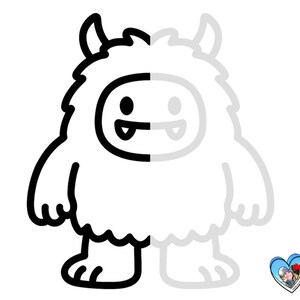 May include: A cartoon monster illustration with a friendly design. The monster is mainly white with black outlines and details, such as horns, eyes, and a toothy grin. The right side of the monster is a faded grey, creating a two-tone effect.
