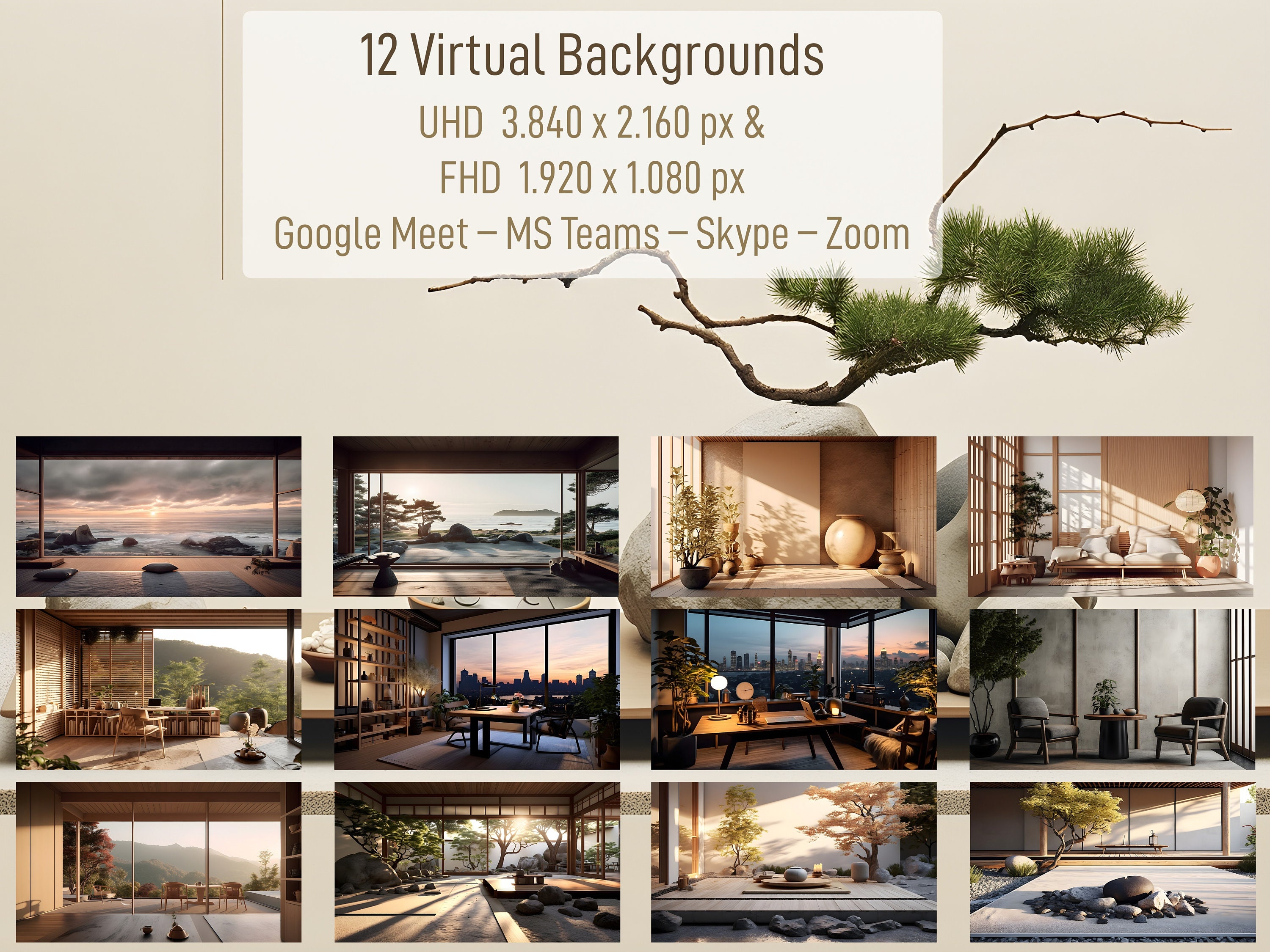 Japandi Virtual Backgrounds: Japanese Scandinavian Interiors (Digital Download - UHD/FHD - Set of 12)