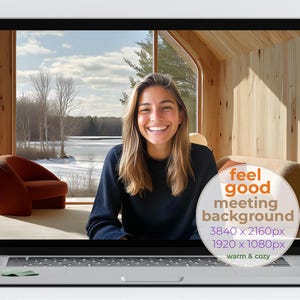 Könnte beinhalten: Laptop-Bildschirm mit einer lächelnden Frau in einem gemütlichen, holzgetäfelten Raum mit Außenansicht. Der Bildschirm zeigt den Text "feel good meeting background" mit Auflösungsdetails.