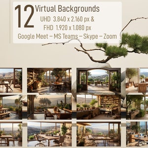 May include: Twelve virtual backgrounds featuring a variety of indoor and outdoor scenes with a view of a mountain range. The backgrounds are ideal for use with video conferencing platforms such as Google Meet, MS Teams, Skype, and Zoom. UHD 3,840 x 2,160 px & FHD 1,920 x 1,080 px.