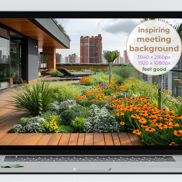 Zoom Background, Lush City Garden: Serene Rooftop Retreat for Virtual Meetings & Desktops - Vivid and Inspiring Zoom Background (530)