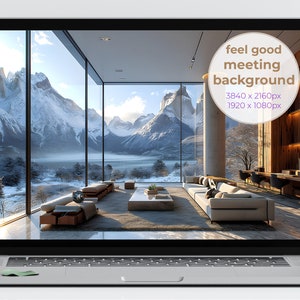 May include: A modern living room with large windows overlooking a snowy mountain range and a lake. The room is furnished with a couch, chairs, and a coffee table. The text "feel good meeting background" is displayed in a circle on the right side of the image.