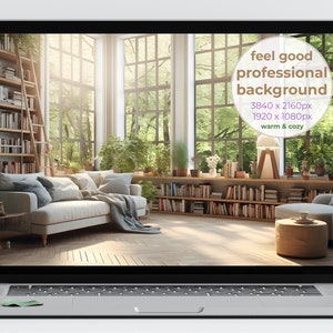May include: A laptop computer displaying a photograph of a living room with a large window, a white sofa, a bookcase, and plants. The text on the screen reads "feel good professional background 3840 x 2160px 1920 x 1080px warm & cozy".