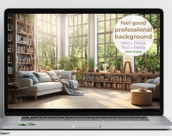 Sunlit Home Library Virtual Background: Elegant Workspace (4K + HD, Clear + Blurred Set)
