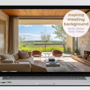 May include: Laptop screen displaying a modern living room with a large window overlooking a sunny field. The room features a beige sectional sofa, two brown chairs, and a coffee table. Text on the screen reads "inspiring meeting background".