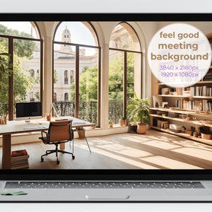 May include: A bright, airy office space with large arched windows overlooking a city street. The room features a wooden desk with a computer monitor, a leather office chair, and a bookshelf filled with books. Sunlight streams through the windows, casting warm light on the wooden floor.