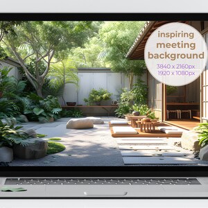 May include: A laptop screen displaying a photo of a Japanese garden with a wooden building and a stone path. The text "inspiring meeting background" is displayed on the screen.
