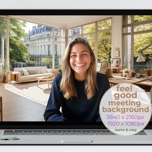 May include: A laptop screen showing a woman on a video call with a bright, airy background. The text on the screen reads "feel good meeting background 3840 x 2160px 1920 x 1080px warm & cozy".