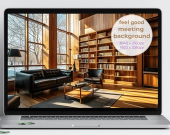 Warm Library Scene: Wooden Interior with Sunlit Ambiance, Zoom Virtual Background, Zoom Virtual Office, Cozy Relaxed Luxury (032)