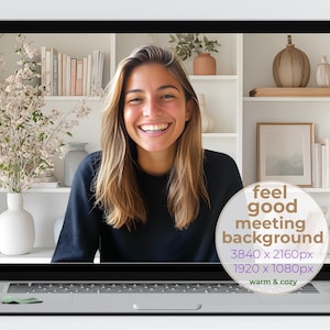 May include: A woman smiles at the camera while sitting in front of a bookshelf with plants and decorative items. The text "feel good meeting background" is displayed on a circle with the dimensions "3840 x 2160px" and "1920 x 1080px" and the words "warm & cozy".