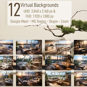 May include: Twelve virtual backgrounds featuring a modern living room with a large window overlooking a city skyline. The backgrounds are available in UHD (3840 x 2160 pixels) and FHD (1920 x 1080 pixels) resolutions. They are compatible with Google Meet, MS Teams, Skype, and Zoom.
