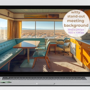 May include: A vintage-style diner interior with a teal booth, a wooden table with chairs, and a yellow kitchen cabinet. The windows look out onto a desert landscape. The text "witty stand-out meeting background 3840 x 2160px 1920 x 1080px" is visible in the upper right corner.