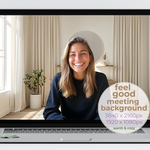 Puede incluir: Una pantalla de computadora portátil que muestra a una mujer con una camisa negra sobre un fondo neutro. El texto en la pantalla dice "feel good meeting background 3840 x 2160px 1920 x 1080px warm & cozy".