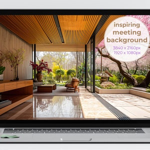 May include: A laptop computer displaying a photo of a modern interior with large windows overlooking a Japanese garden. The garden features a cherry blossom tree with pink flowers. The text "inspiring meeting background" is displayed on the image.