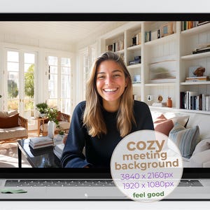 May include: A laptop screen displays a cozy living room scene with a smiling person. The screen shows a white circle with the text "cozy meeting background" and resolution details. The overall theme is a virtual background.
