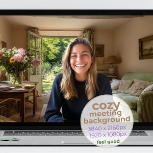 May include: A laptop screen displays a cozy meeting background. The background features a smiling person in a dark blue sweater, with a living room setting. The text on the screen says "cozy meeting background" and the resolution.