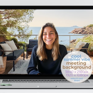 Sunny Ocean View Virtual Background Zoom Teams | Modern Seaside Patio Chic Backdrop | Relaxing Coastal Office | Standard & Blurred Set 1060