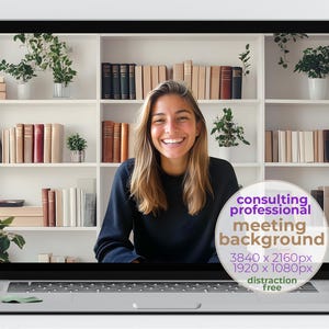 May include: A laptop screen displaying a bookshelf background with a woman in a black shirt. The text on the screen reads "consulting professional meeting background 3840 x 2160px 1920 x 1080px distraction free".