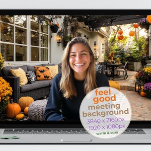 May include: A laptop screen shows a woman smiling, with a warm outdoor setting as a backdrop. The scene includes pumpkins, autumn foliage, and Halloween decorations. A circular graphic reads "feel good meeting background".