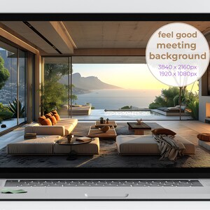 May include: A modern living room with large windows overlooking a body of water and mountains in the distance. The room is furnished with a long, white sofa, several coffee tables, and a fireplace. The text "feel good meeting background 3840 x 2160px 1920 x 1080px" is visible in the upper right corner of the image.
