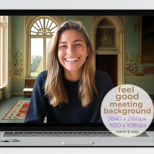 Puede incluir: Pantalla de portátil que muestra a una mujer sonriendo con un fondo virtual de una habitación con ventanas, una alfombra y papel pintado floral. Un gráfico circular dice "feel good meeting background" con detalles de resolución.